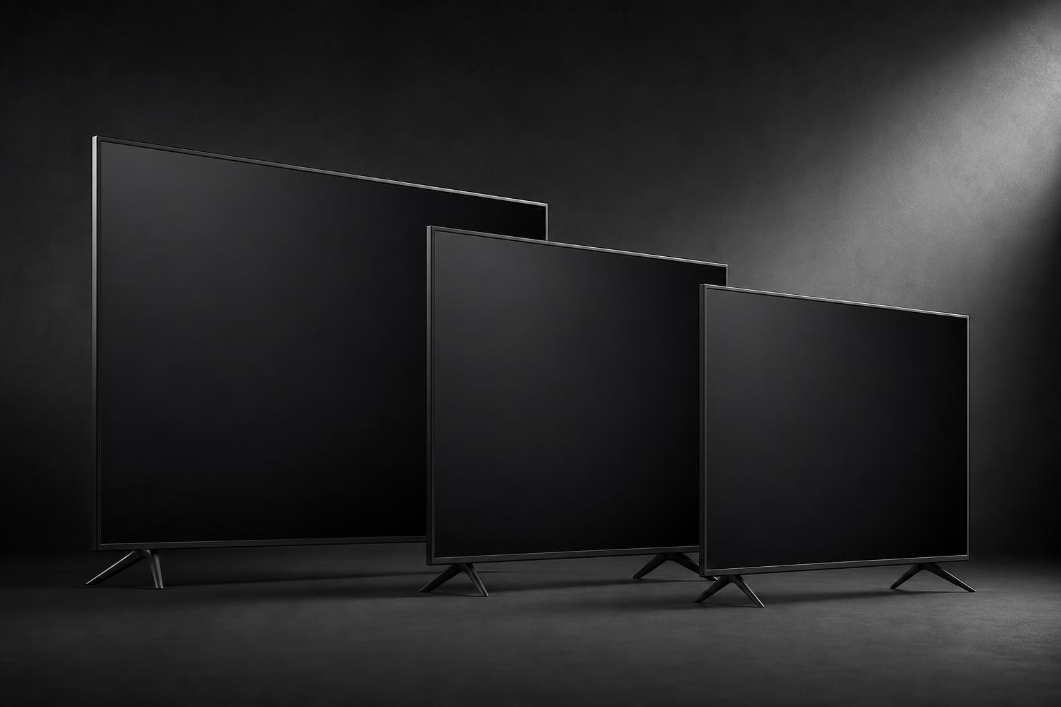 Três Smart TVs slim alinhadas em fundo escuro de estúdio